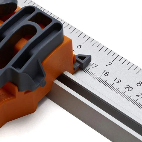 Close-up of Rip Guide with Saw Plate and Rip Handle for Circular Saws showing ruler measurements for precision cutting.