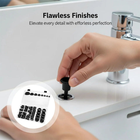 125 Pcs Black Silicone Plugs Kit Assorted 8 Sizes For Round Holes Snap Locking Rubber Stopper Seals With Storage Case Protects Surfaces From Drips inserted in sink hole
