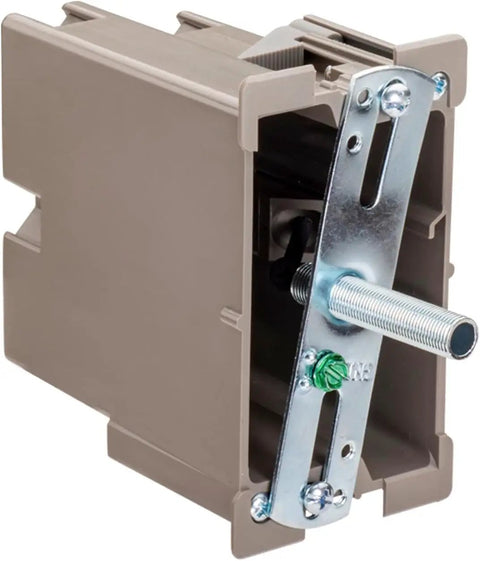 Retrofit Single Gang Wall Box for Stud or No Stud Install Old Work Electrical Box with One And A Half Inch Toggle Depth for Smart Devices Outlets or Switches Heavy Duty Mount Supports Up to 50 Pounds tan plastic old work electrical box with metal toggle arm