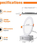 Specifications of 6 Inch Recessed LED Lights Canless With Junction Box Power Saver Energy Efficient 12W 950 Lumens 5000K Daylight Dimmable