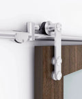 Close-up of Heavy Duty 6 Ft Stainless Steel Sliding Barn Door Hardware Track Kit For 30 To 36 Inch Single Door installed on door