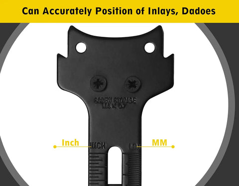 Edge Guide for Fixed Base Compact Router DNP618 showing measurement markings in inches and millimeters on black iron surface.