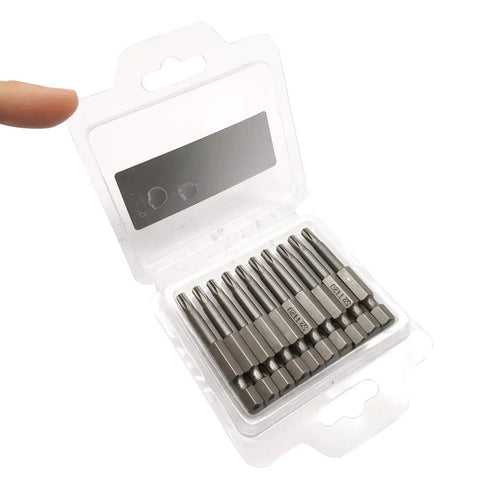 10 Piece 2 Inch Torx T27 Bit Set With One Quarter Inch Hex Shank And Quick Release in clear plastic case
