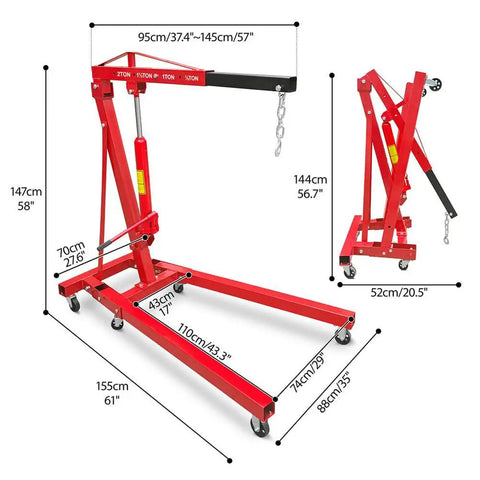 Heavy Duty 2 Ton Engine Hoist And 4400 Lbs Hydraulic Crane With Telescopic Boom And Foldable Cherry Picker Setup dimensions and details.