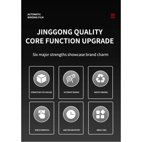 JINGGONG QUALITY core function highlights with six key strengths for the Automatic Pallet Stretch Wrapping Machine.