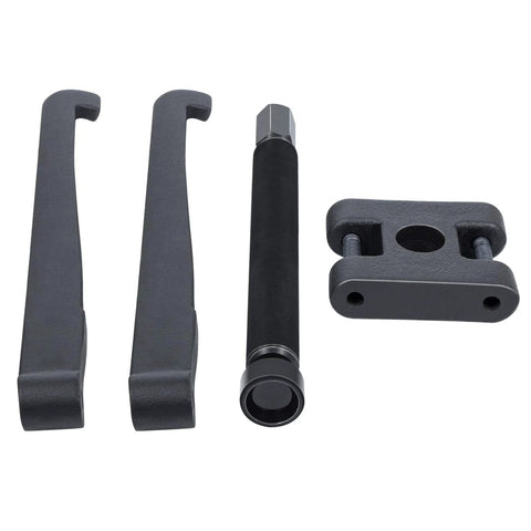 Lower bearing carrier puller four-piece kit with two gray curved levers, black-handled shaft, and gray clamp block