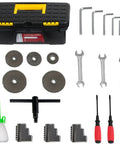 Powerful 1100W Metal Lathe Machine With Brushless Motor And Infinitely Variable Speed Control Up To 3000 RPM Compact Benchtop Tool For Precision Machining Featuring MT5 Taper Spindle, LED Digital Display Screen, And Full Kit Of Accessories for durable tool storage.