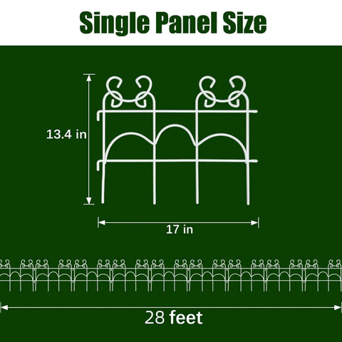 Decorative Garden Fence Border Panel Set 10 Pack With Easy Install No Dig Movable Metal Edging For Flower Beds And Lawns 13 Inch High By 17 Inch Wide 14 Ft Of Outdoor Weather Resistant Yard Borders single panel size diagram with measurements.
