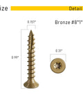 Built Like A Tank Premium Heavy Duty Deck Screws, 150 Pack Size 8 X 1 Inch Bronze structural fasteners with Torx drive detail.