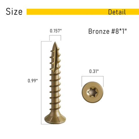 Built Like A Tank Premium Heavy Duty Deck Screws, 150 Pack Size 8 X 1 Inch Bronze structural fasteners with Torx drive detail.
