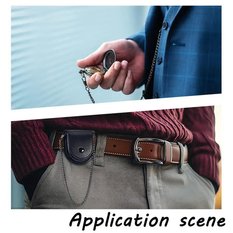 Hella Solid Pocket Watch Case Crafted From Premium Pu Leather Featuring A Snazzy Antique Bronze Chain in use with pocket watch.