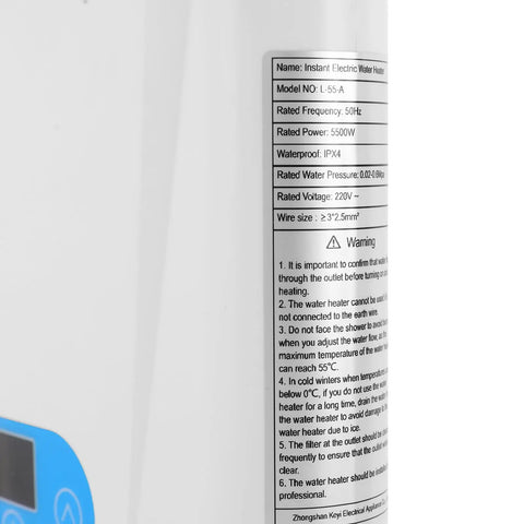 Heavy Duty Electric Tankless Water Heater Pumps Out Straight Up Instant Hot Water On Demand with a Sleek Digital Display, specifications on side.
