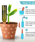 Illustration showing how to use 10 Pack Clay Self Watering Nails For Indoor And Outdoor Plants with a potted plant and bottle.