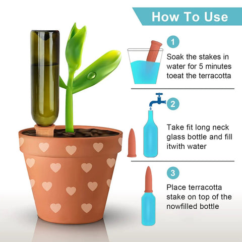 Illustration showing how to use 10 Pack Clay Self Watering Nails For Indoor And Outdoor Plants with a potted plant and bottle.