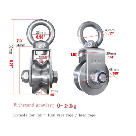 Beefy 304 Stainless Steel V Shaped Pulley For Wire Rope Crane Traction 350 Kg Load Capacity with detailed size dimensions