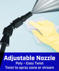 Close-up of easy adjustable nozzle on 4 Gallon Backpack Sprayer For Bleach And Disinfectants, with glove for size comparison