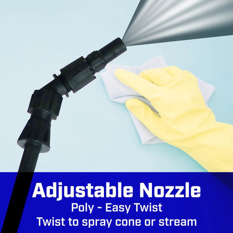 Close-up of easy adjustable nozzle on 4 Gallon Backpack Sprayer For Bleach And Disinfectants, with glove for size comparison