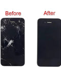 Before and after using Liquid Optical Clear Adhesive Glue For Smartphone Screen Repair on cracked phone screen with UV cure