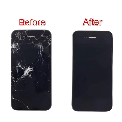 Before and after using Liquid Optical Clear Adhesive Glue For Smartphone Screen Repair on cracked phone screen with UV cure