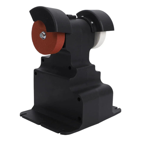 Upgrade Your Workshop With This Fafeicy Cordless Bench Grinder Featuring A Powerful Copper Motor For Sharpening And Polishing. Its Stable Base And Battery Compatible Design Make It Perfect For Grinding Tasks On The Go Or At Home With Ease. Close-up of Fafeicy cordless bench grinder showcasing dual corundum discs.