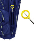 Extendable Golf Ball Grabber Tool With Auto Head Release shown with yellow handle in a golf bag side pocket, telescoping stainless steel shaft