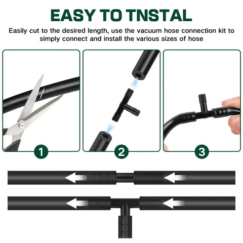 Instructional diagram for using Garage-Ready Car Vacuum Hose Kit Set With 6 Five-Foot Hoses And 113 Connectors for easy installation.