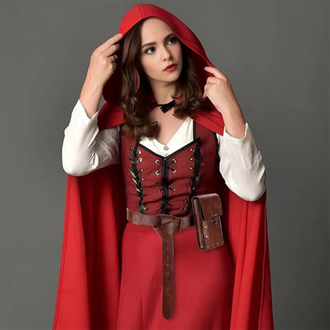 Heavy Duty Steampunk Crossbody Waist Pack Adjustable Chain Strap Gothic Fanny Sling Messenger Bag worn over a red hooded costume.