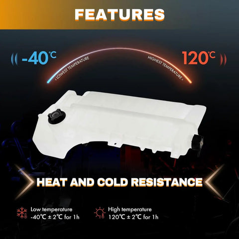 Heavy Duty Coolant Reservoir Tank Fits Volvo VNL VNM VHD 2008-2024 and Mack Pinnacle CXU CHU Anthem TD700 GU5 GU7 GU8 showing heat resistance