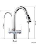 3 In 1 Kitchen Faucet With Hot Cold And RO Drinking Water No Brainer Two Handle Pull Down Chrome Faucet dimensions shown