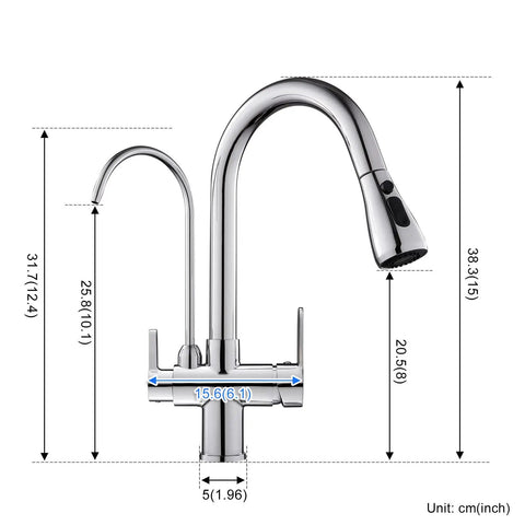 3 In 1 Kitchen Faucet With Hot Cold And RO Drinking Water No Brainer Two Handle Pull Down Chrome Faucet dimensions shown
