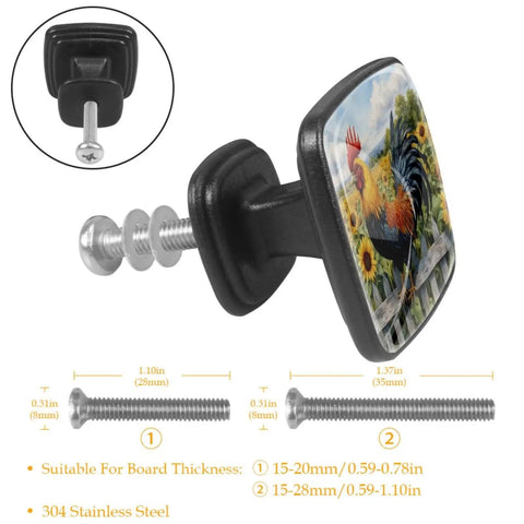 4 Pack Square Kitchen Cabinet Knobs Sunflower Rooster Design Dope Black Glass ABS Drawer Pulls with screws and measurements