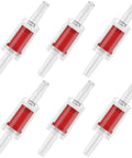 Six clear inline aquarium check valves with red interior for 3/16 inch airline tubing.