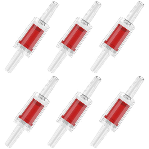 Six clear inline aquarium check valves with red interior for 3/16 inch airline tubing.