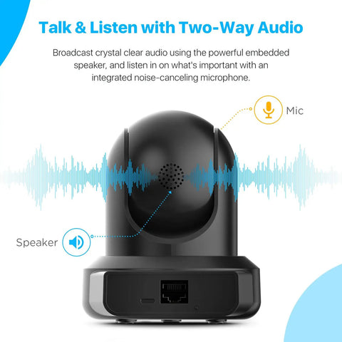 4MP ProHD Indoor WiFi Security IP Camera With Pan Tilt And Two Way Audio Night Vision Remote Viewing 90 Degree Wide Field Of View H265 30FPS Works With Alexa Cloud IP4M 1041B Black shown with two-way audio feature highlighting mic and speaker