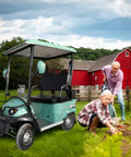Sick Double Seat Electric Golf Cart Cruises Smooth Over Rough Terrain With Heavy Duty Independent Suspension And A Raw 800 Watt Motor Hitting 20 Mph Perfect For Country Roads Beach Shacks Hunting Plots And Country Ranches In Matte Green beside seniors gardening.