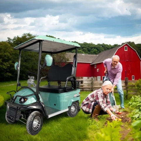 Sick Double Seat Electric Golf Cart Cruises Smooth Over Rough Terrain With Heavy Duty Independent Suspension And A Raw 800 Watt Motor Hitting 20 Mph Perfect For Country Roads Beach Shacks Hunting Plots And Country Ranches In Matte Green beside seniors gardening.