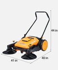 Heavy Duty Manual Walk Behind Floor Sweeper With 41 Inch Wide Cleaning Path For Warehouses Non Electric Broom solid rubber wheels, front view with dimensions