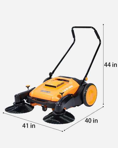 Heavy Duty Manual Walk Behind Floor Sweeper With 41 Inch Wide Cleaning Path For Warehouses Non Electric Broom solid rubber wheels, front view with dimensions
