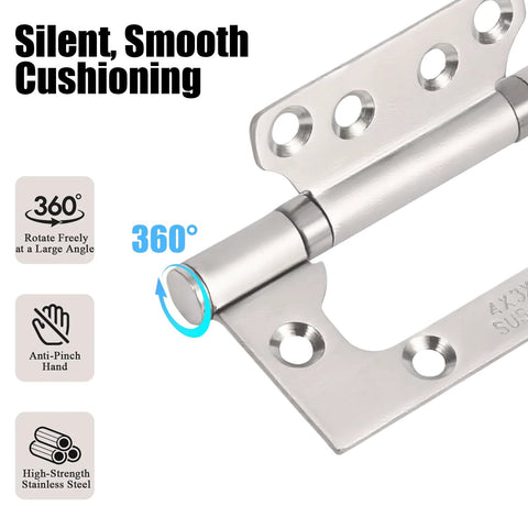 Door hinge, 3-pack, non-mortise, stainless steel, 4x3 in, silver, close-up.