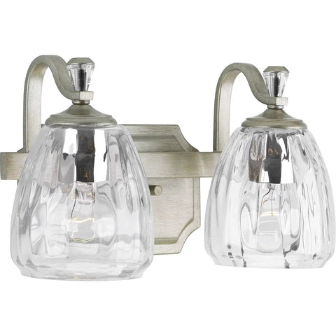 Anjoux Dope Two Light Gray Bath Vanity Light with clear water glass shades, polished nickel accents, indoor powder room fixture, dimmable