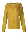 Chic Print Nurse Jacket Long Sleeve Button Down Plus Size Scrubs Medical Workwear Uniform With Secure Chest Pockets Ultra Soft Stretch Material in yellow.