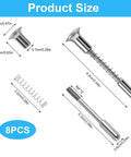Tough As Nails 8 Pack Window Screen Plunger Latches In Solid Aluminum One Quarter By Two One Sixteenth Inch Retainer Pins displayed with sizes.