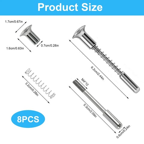Tough As Nails 8 Pack Window Screen Plunger Latches In Solid Aluminum One Quarter By Two One Sixteenth Inch Retainer Pins displayed with sizes.