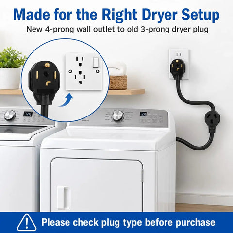Three Prong To Four Prong Dryer Plug Adapter Cord No Brainer Solution NEMA 10-30P To 14-30R connects dryer to outlet