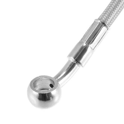 Close-up of 55.12 Inch Stainless Steel Braided Motorcycle Brake Line With 10mm ID 28 Degree Banjo Ends For ATV Motocross And Sport Bikes Hydraulic Brake Hose Silver Tone