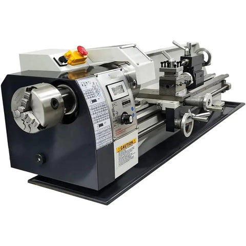 QYLTTDM 900W Mini Metal Lathe Machine with variable speed chuck for turning, facing, drilling for DIY enthusiasts and hobbyists.