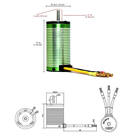 1900KV Brushless Motor 2400W 78A 31V 4Pole Powerhouse dimensions and design for RC Cars Buggies and Boats