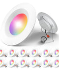 Smart RGBCW Recessed Can Lights 5/6 Inch Kit 12 Pack With WiFi Color Changing Retrofit Downlights And Baffle Trim App Control No Dimmer Needed Alexa Google Assistant Compatible 1050 Lumens 12.5W 100W Equivalent showing illuminated RGB lights in a baffle trim.