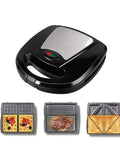 Hot 3 In 1 Electric Breakfast Maker With Non Stick Plates showing different grill plates for sandwiches, waffles, and paninis.
