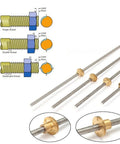 Heavy Duty T10 Trapezoidal Lead Screw Set With Real Brass Nut For 3D Printers CNC Routers And Stepper Motors Built Different Hella Smooth Linear Motion 304 Stainless Steel 800mm Long showing various thread types.